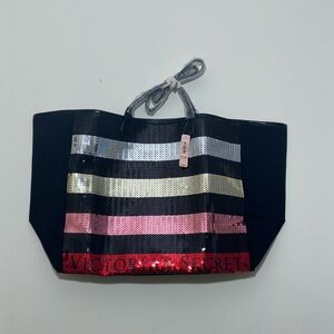Nwt VICTORIA'S SECRET STRIPED SEQUIN BLACK PINK RED LOGO TOTE